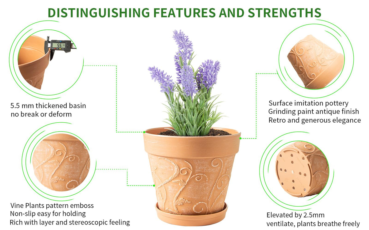 Melphoe Plant Pots Indoor with Drainage & Saucer, 2Pack 10 inch Flower Pots Outdoor Planters for Indoor Plants Garden Home Decor Cactus Succulent, Rigid Plastic (Imitation-Terracotta) Vine-Embossed
