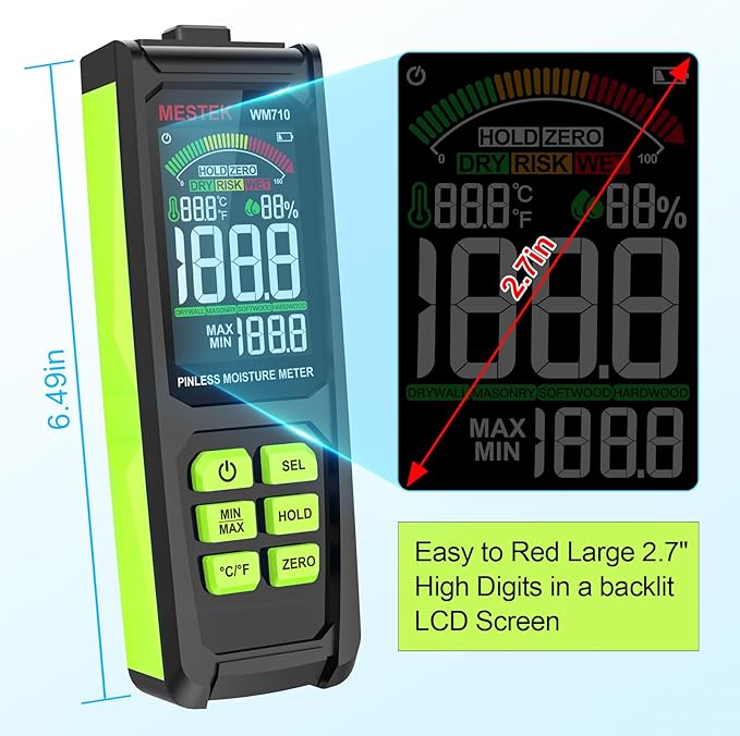 MESTEK Pinless Wood Moisture Meter - Digital Moisture Detector for Lumber Drywall Firewood Masonry Woodworking Plaster Floor Concrete Building, Moisture Reader and Tester with LCD Display & Audible