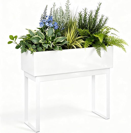 WORTH Raised Metal Planter Box with Legs, 28" Elevated Garden Bed for Indoor & Outdoor Use – Glossy White Galvanized Steel Planter with Inner Shelf, Drainage Holes, Plug for Vegetables, Flowers, Herbs