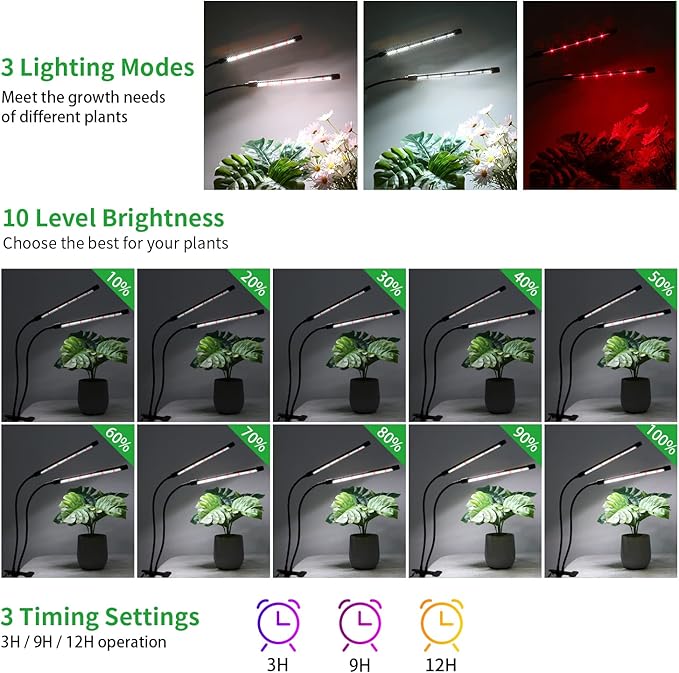 Grow Lights for Indoor Plants, Upgrade 84 LEDs Clip Plant Lights, Full Spectrum LED Plant Growing Lamps with Flexible Gooseneck, 3/9/12H Timer, 3 Spectral Modes, 10 Dimmable Levels (2 Head 1 pack)