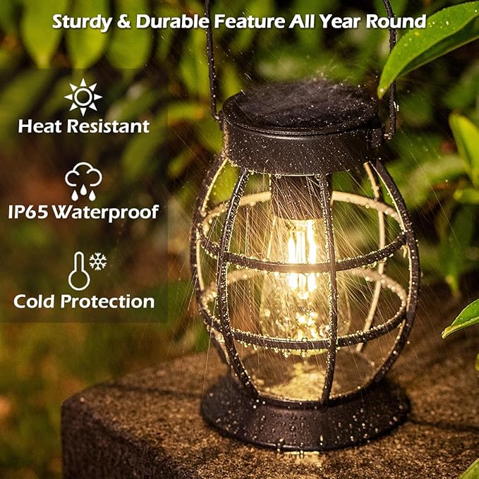 LeiDrail Solar Lantern Outdoor Hanging Waterproof Lights, Metal LED Lanterns Sun Powered Landscape Decor for Table Garden Yard Patio Pathway Porch 4 Pack