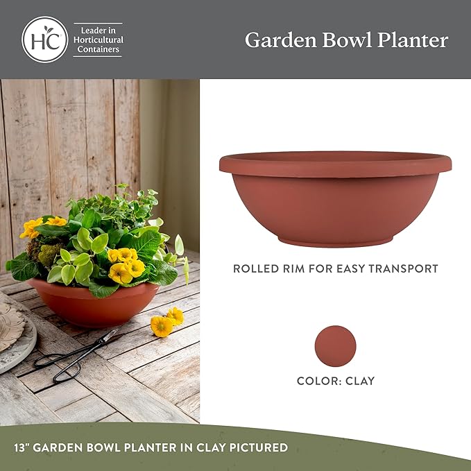 The HC Companies 13 Inch Garden Bowl Planter - Shallow Plant Pot with Drainage Plug for Indoor Outdoor Flowers, Herbs, Clay