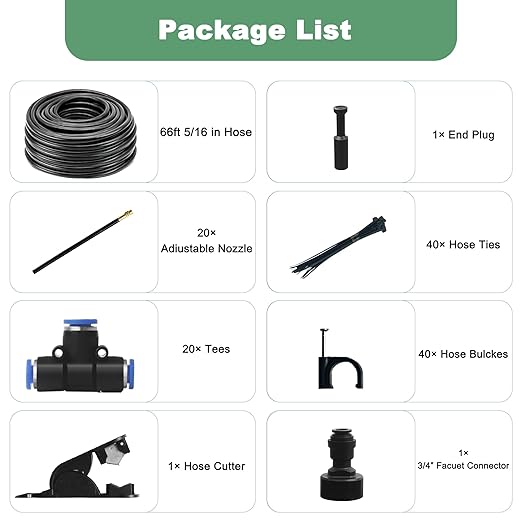 65.6Ft 360° Adjustable Drip Irrigation System Kit, Automatic Garden Watering System with 20 Copper Nozzles, Atomizing Misting Watering System with 360° Bending Dropper for Plant Lawn Patio