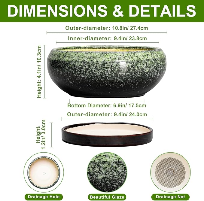 EPFamily Bonsai Pots 10 Inch - Ceramic Pots for Plants Indoor Outdoor, Succulent Pot with Drainage Hole and Saucer, Large Bonsai Planter, Round Shallow Planter, Office Decor, Gardening Gift, Green