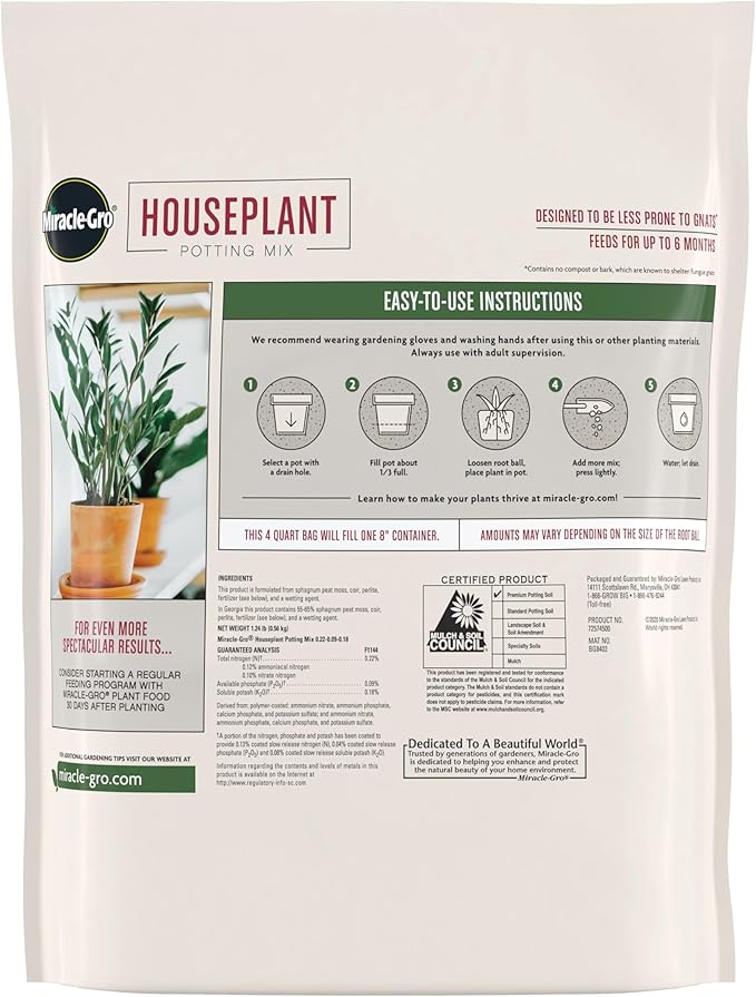 Miracle-Gro Houseplant Potting Mix: Fertilized, Perlite Soil for Indoor Gardening, Designed to Be Less Prone to Gnats, 4 qt.