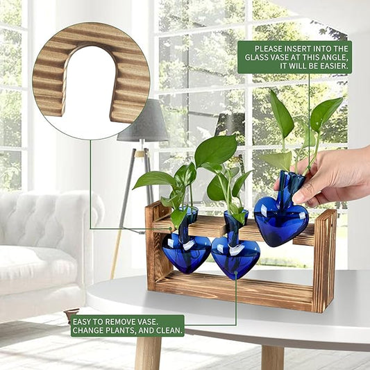 Plant Terrarium Propagation Stations Hydroponics Home Garden Decoration Gift for Women with Wooden Stand Heart Shaped Colored Glass Vase