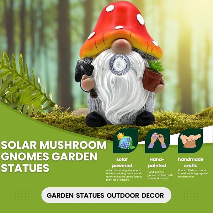 Solar Mushroom Gnomes Garden Statues Outdoor Decor with Night Glow,Cute Fairy Garden Statues for Yard,Pathway,Lawn Art Ornamen,Spring,Easter,Birthday Christmas Women Mom Gift Idea (Red)