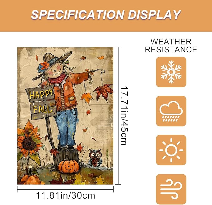 Happy Fall Garden Flag Scarecrow Owl Flag Sunflowers Autumn Leaves Rustic Harvest Season Decor Farmhouse Style 12x18 Inch Double Sided For Front Porch Lawn Patio Seasonal Home Decoration