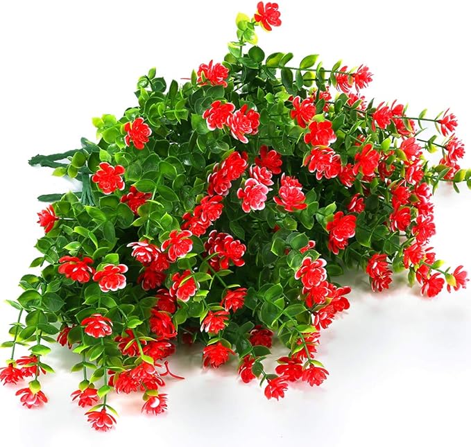 ArtBloom 24 Bundles Outdoor Artificial Flowers UV Resistant Fake Boxwood Plants, Faux Greenery for Indoor Outside Hanging Plants Garden Porch Window Box Home Wedding Farmhouse Décor (Red)