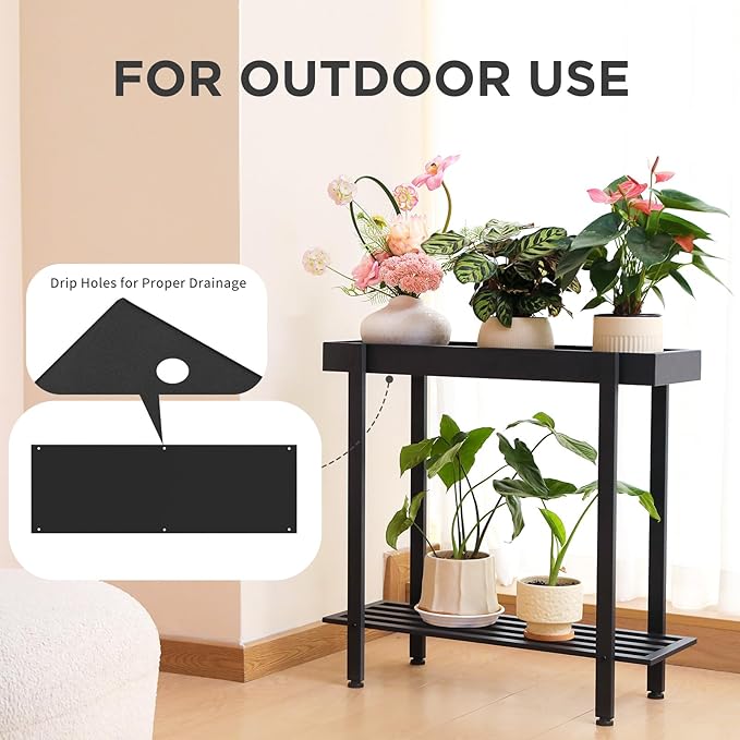 Honla 2 Tier Window Tall Plant Stand Shelf with Tray,Metal Plant Table Bench for Indoor and Outdoor Multiple Plants,26" L x 8.66" W x 24.40" H,Black