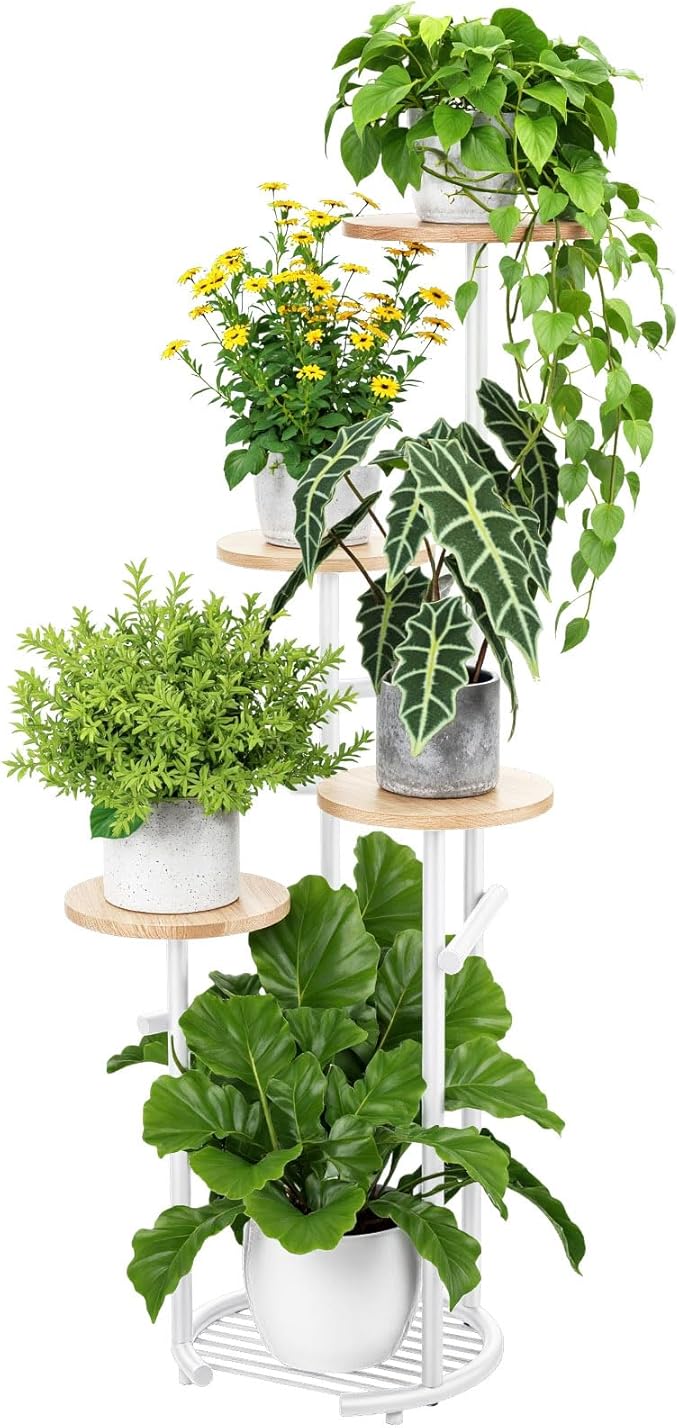 TOSKING 5 Tier Metal Plant Stand Indoor， Plant Shelf, Corner Shelf Flower Pot Stand for Outdoor Plant Stand for Living Room Balcony Garden Patio Bedroom (White and Wood, 42in)