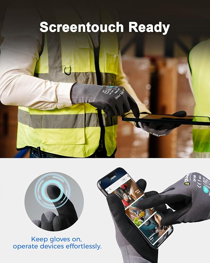 DULFINE Safety Work Gloves MicroFoam Nitrile Coated-3 Pairs Pack,Seamless Knit Nylon Glove with Black Micro-Foam Nitrile Grip,Ideal for General Purpose,Automotive,Home Improvement,Painting(Large)