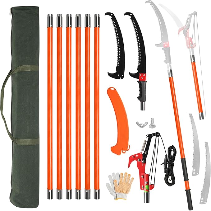 Outvita Manual Pole Saw, 26 Feet Extendable Tree Pruner with Knives and Storage Pocket, Sharp Steel Blade and Scissors High Branches Trimming for Pruning Palms and Shrubs（Orange）