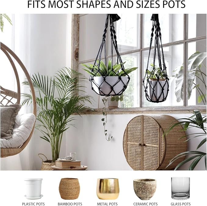 Artilady Black Plant Hanger Macrame Hanging Planter for Indoor Boho Plants Holder with Hooks Hanging Plant Basket Outdoor Window Wall Plants Home Decor (Black Macrame)
