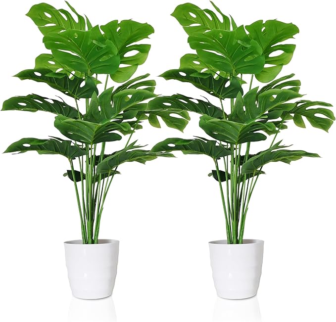 SAJANDAS Set of 2 Artificial Monstera Deliciosa Plants in Pots, Fake Tropical Palm Tree with Greenery Leaves Stems, 28 Inch Artificial Cheese Plant for Home Bathroom, Office, Windowsill Decor
