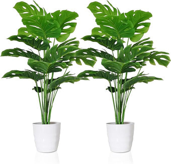 SAJANDAS Set of 2 Artificial Monstera Deliciosa Plants in Pots, Fake Tropical Palm Tree with Greenery Leaves Stems, 28 Inch Artificial Cheese Plant for Home Bathroom, Office, Windowsill Decor