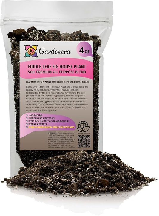 Gardenera Fiddle Leaf Fig House Plant Soil Premium All Purpose Blend - Peat Moss, New Zealand Bark, Coco Chips and Fibers, Perlite - 4 Quart Bag