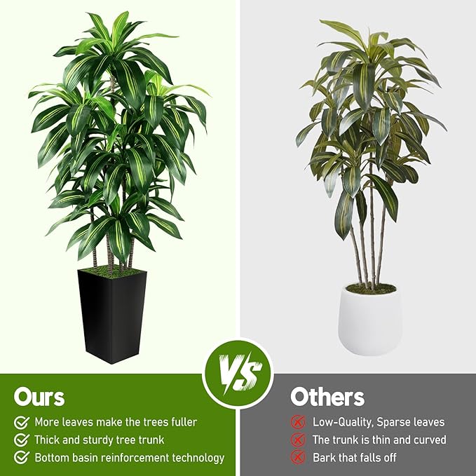 Artificial Dracaena Tree Indoor, 6FT Tall Fake Tree with Black Tall Planter, Artificial Trees Fake Yucca Potted Tree for Home Office Living Room Decor, Tall Artificial Plant for Housewarming