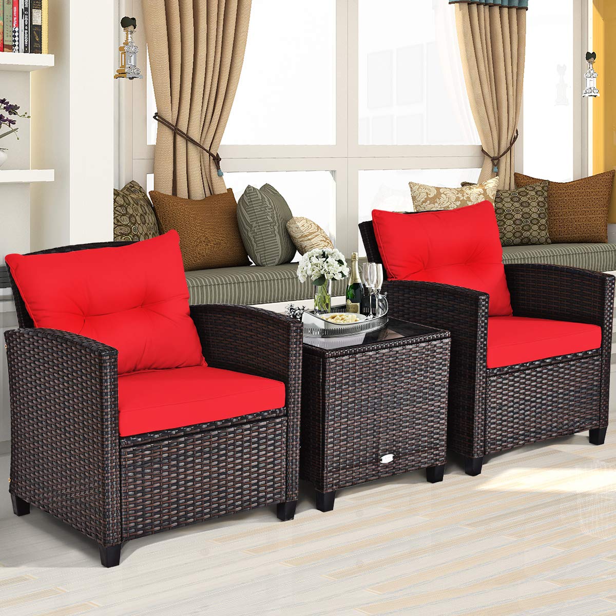Tangkula 3 Pieces Patio Furniture Set, PE Rattan Wicker 3 Pcs Outdoor Sofa Set w/Washable Cushion and Tempered Glass Tabletop, Conversation Furniture for Garden Poolside Balcony (Red)