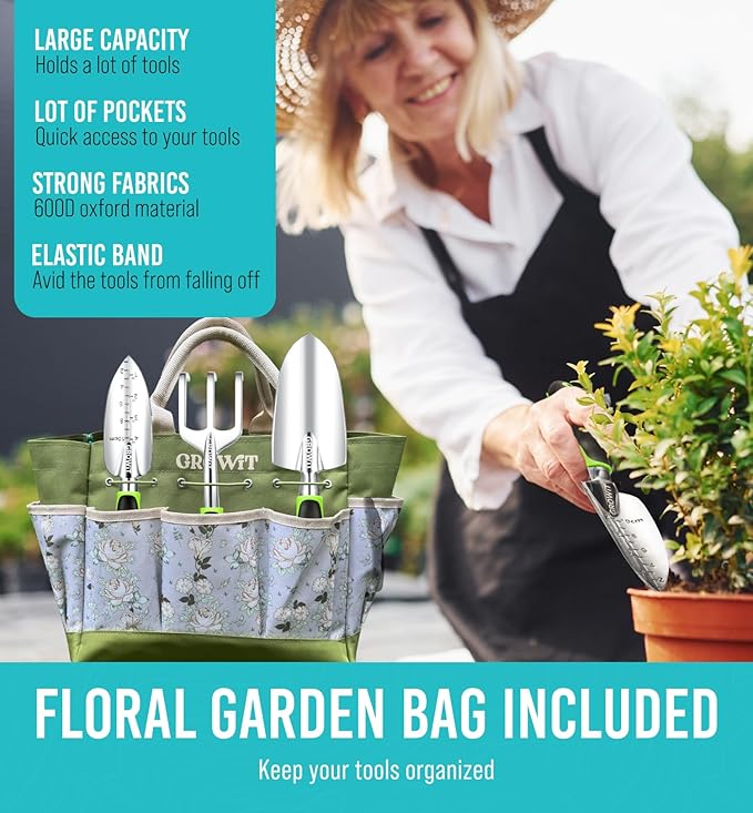 Heavy Duty Garden Tools 22 Pieces Floral Set - Rust Proof, Non-Slip, Durable Gardening Supplies - Ergonomic Hand Tools - Ideal Gardening Gifts for Women, Men Mom, Dad