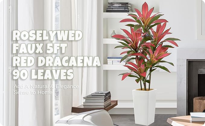 Roselywed Artificial Red Dracaena Tree 5FT with 90 Leaves & 6 Heads & White Tall Planter Cover with Coconut Fiber Tall Faux Tropical Silk Bicolor Plant 60 Inch for Indoor Home Office Porch Mall Decor