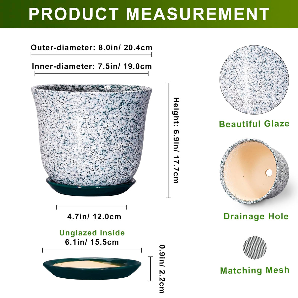 SUNPOTFOR Ceramic Pots for Plants, 8 Inch Plant Pot for Indoor, Green