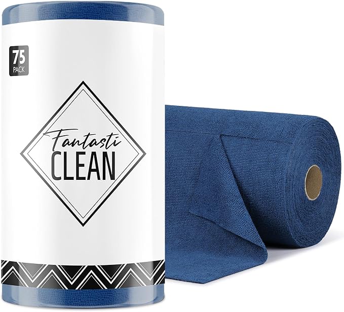 Fantasticlean Microfiber Cleaning Cloth Roll -75 Pack, Tear Away Microfiber Towels, 12" x 12", Reusable, Washable, Scratch Free, Ultra Absorbent for All-Around Cleaning Supplies (Navy Blue)