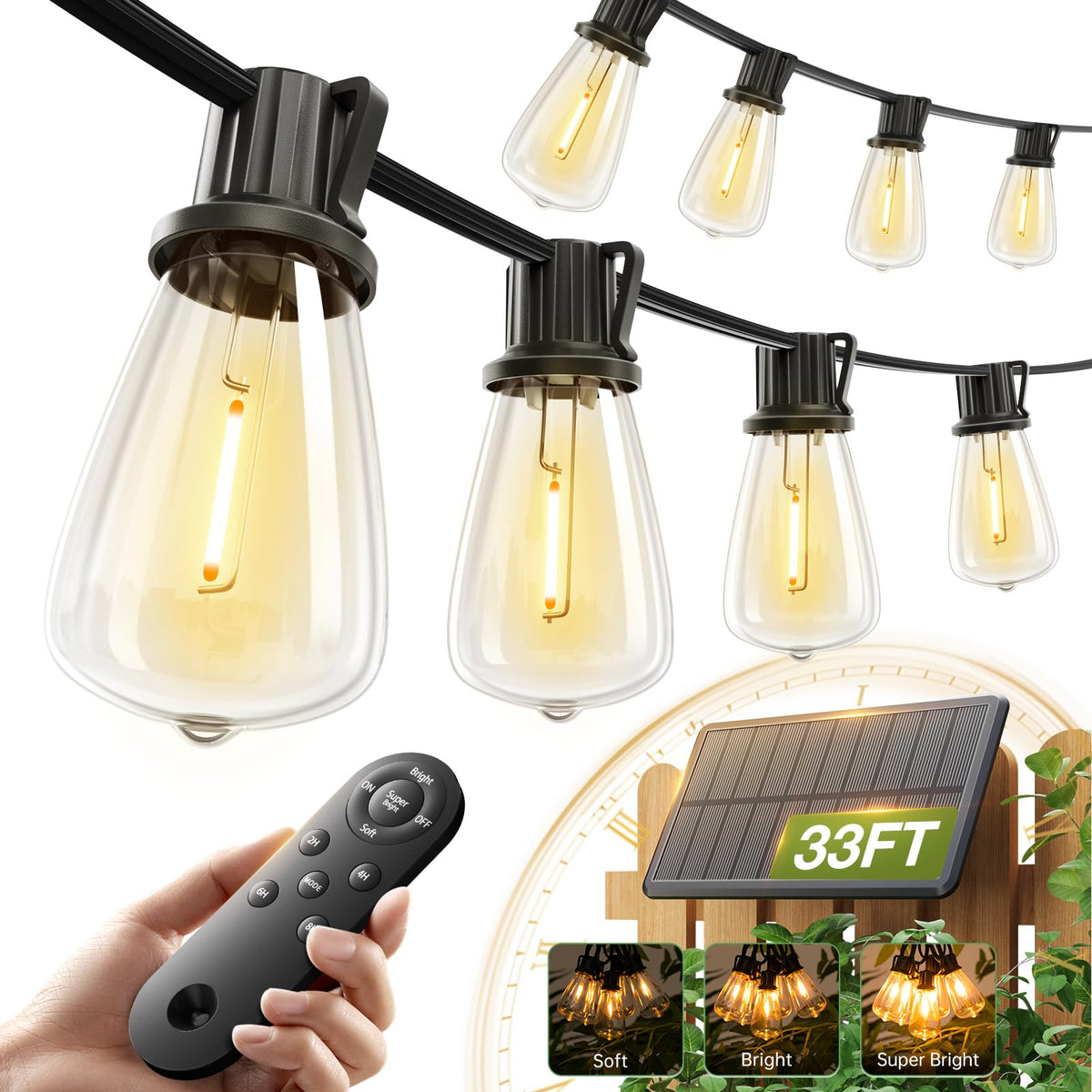 addlon 33FT(27+6) Solar String Lights Outdoor, Waterproof Dimmable 9+1 LED