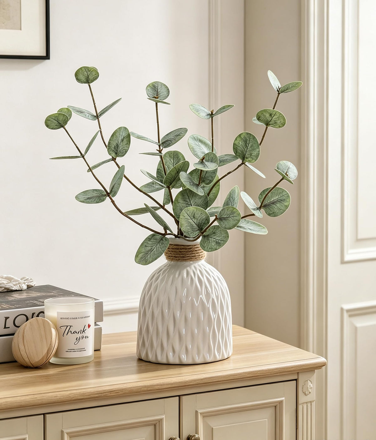 Fake Eucalyptus Plants 4 Stems in Ceramic Vase for Indoor Home Decor