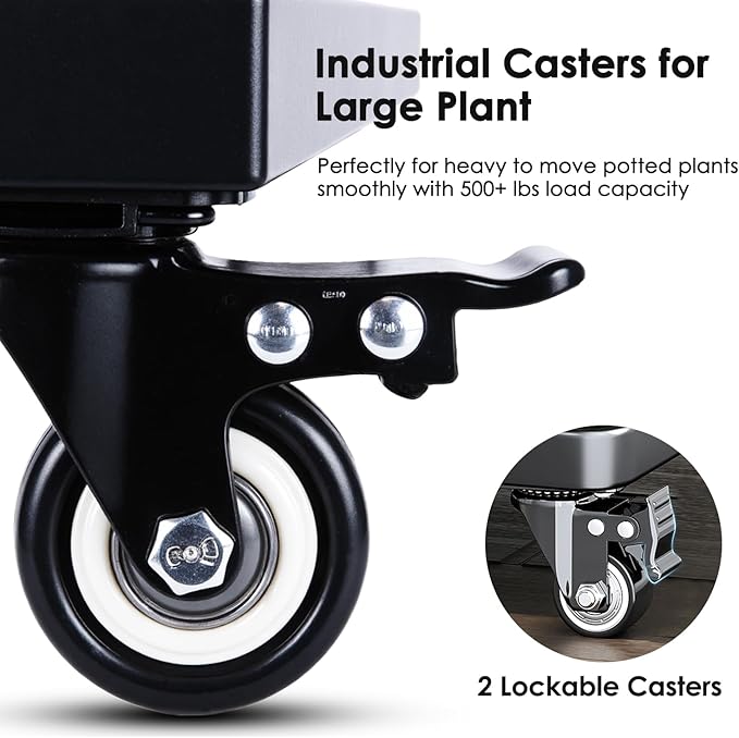 Hongsane 18" Square Plant Stand with Wheels Heavy Duty,Large Metal Plant Caddy Indoor Outdoor Use,Rolling Plant Dolly with Industrial Casters,Rust-Proof Black Plant Tray for Large Planters Pots,2-Pack