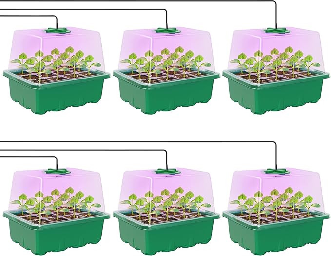MIXC Seed Starter Kit with Grow Light, Elevated Seedling Tray Kit with Adjustable Humidity Dome and Clear Cell Tray, 12 Full Spectrum Led Beads for Seed Starting Greenhouse, 6 Pack, Green