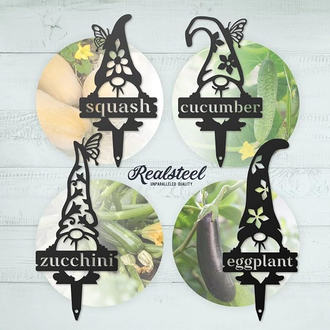 RealSteel Brand, Gnome Plant Markers for Outdoors, Garden Labels Metal Stake, Plant Tags, Garden Sign for Vegetables, Outdoor Decorations, Yard and Gardening Gift