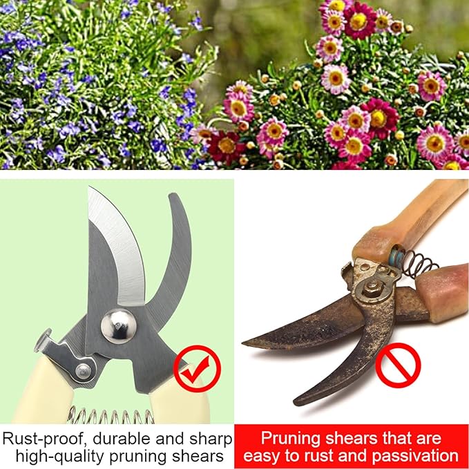 6PCS Premium garden shears, pruning scissors gardening tools, pruners for flower, bushes, rose and fruit tree, use for florist, yard and orchard the plant clippers, sharp steel anvil snips (white, 6)
