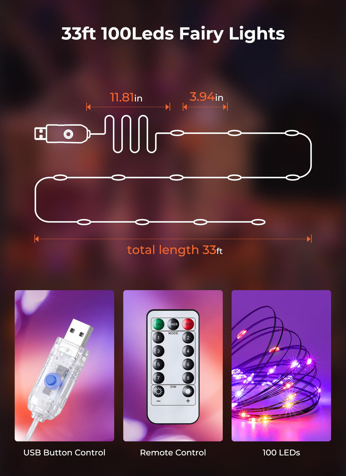 Minetom Halloween Fairy Lights Plug in, 33ft 100LED Twinkle String Lights
