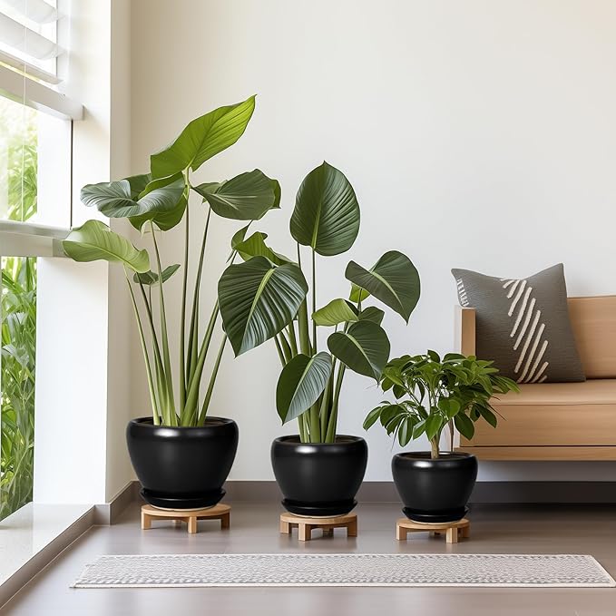 Ceramic Planters Pots - 10 Inch 8 Inch 6 Inch Plant Pots Indoor with Drainage Holes and Saucers Large Planters Mid-Century Flower Pots Outdoor Set of 3 Black