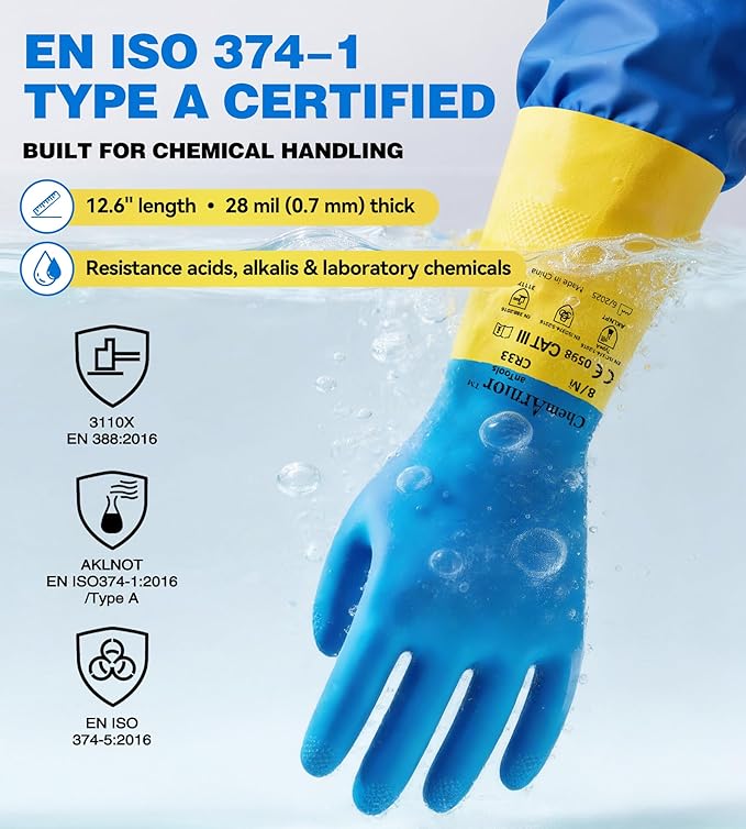 2 Pairs Neoprene and Rubber Blend Heavy-Duty Chemical Gloves, Protective industrial gloves for Resist Acid, Alkali, Hazmat, cleaning, dishwashing, Large