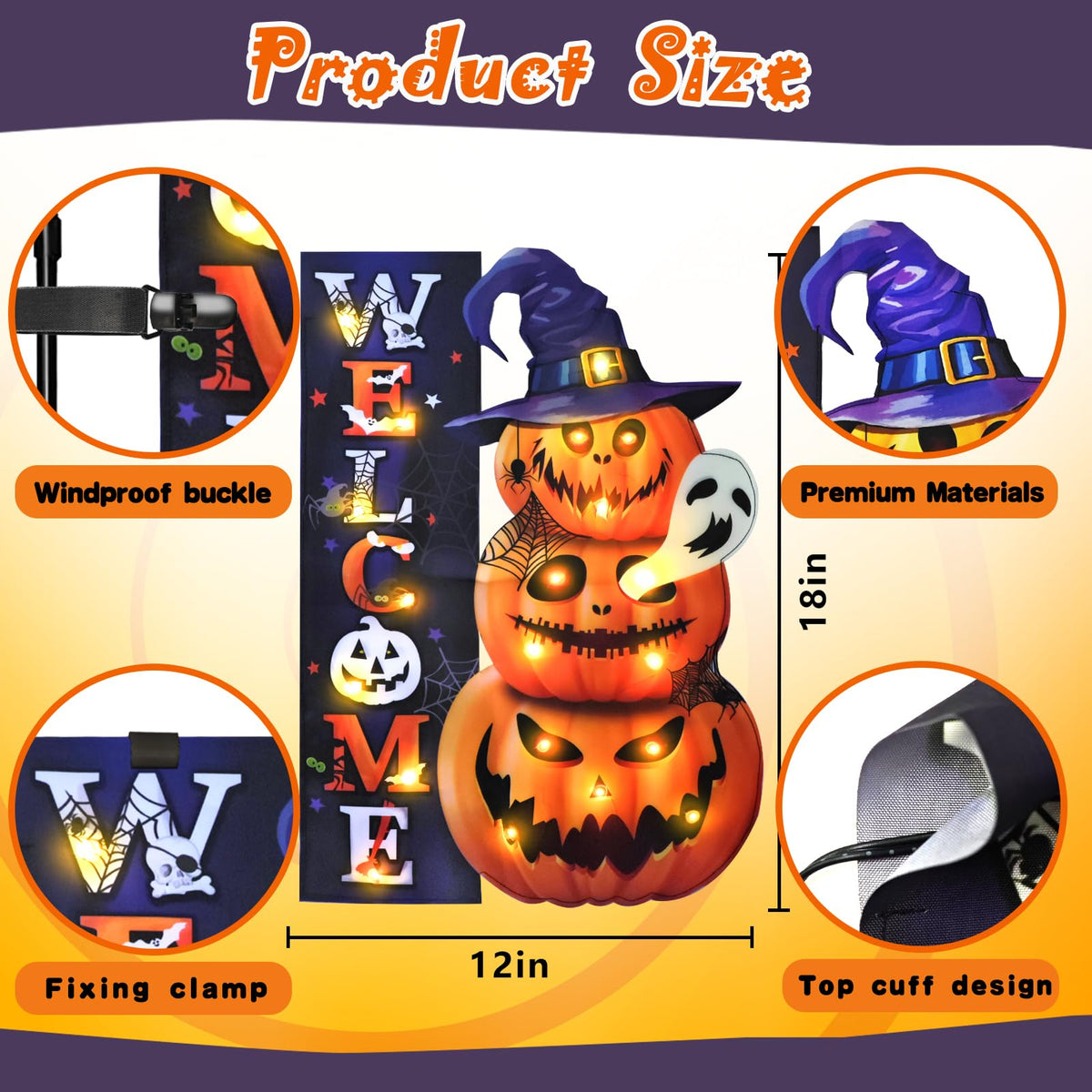 FLAGMESAGE Halloween Lighted Garden Flag, Pumpkin Yard Decor, 12x18 In