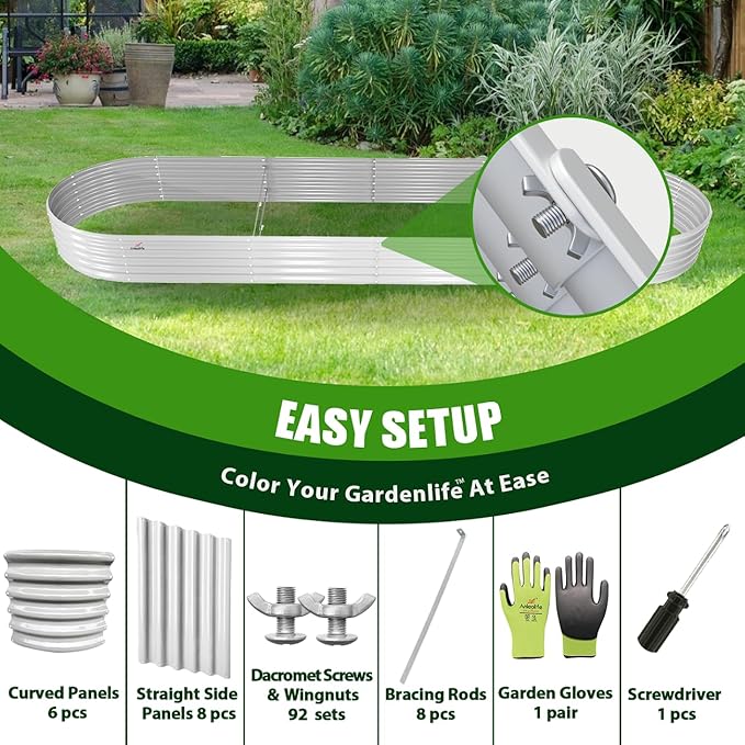 A ANLEOLIFE 8 Pcs 12X3X1.5 ft Oval Extra Large Galvanized Raised Garden Beds Outdoor for Planting Vegetables Flowers Herb, Antique White