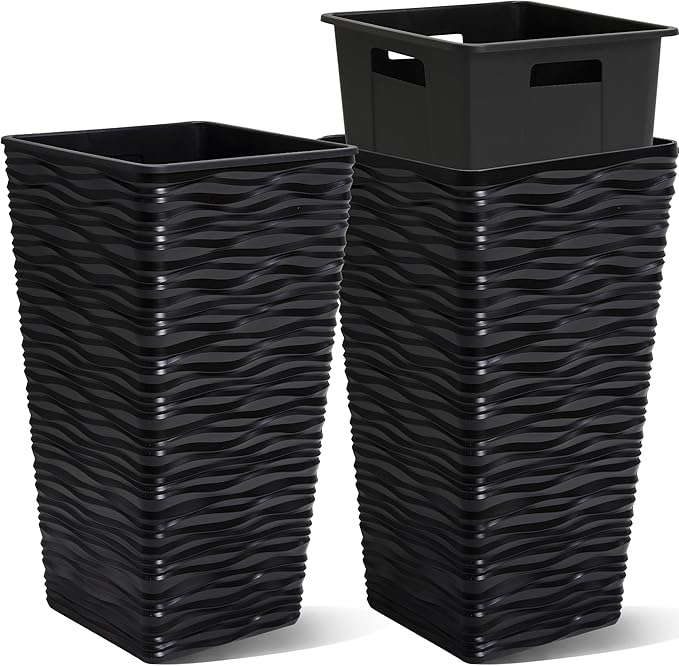 Worth Garden 2-Pack 22" H. Black Square Tapered Planter with Inside Pots - Plastic Plant Pots for Indoor Outdoor - Modern Wavy Finish Decorative Flower Pots for Front Porch Containers Patio Deck