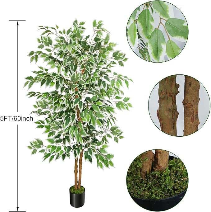 GTIDEA 5ft Ficus Tree Artificial, Tall Fake Tree with Natural Trunk Faux Trees Indoor Silk Ficus Leaves Artificial Trees for Home Decor Indoor Summer Office Living Room Outdoor (Included Dried Moss)