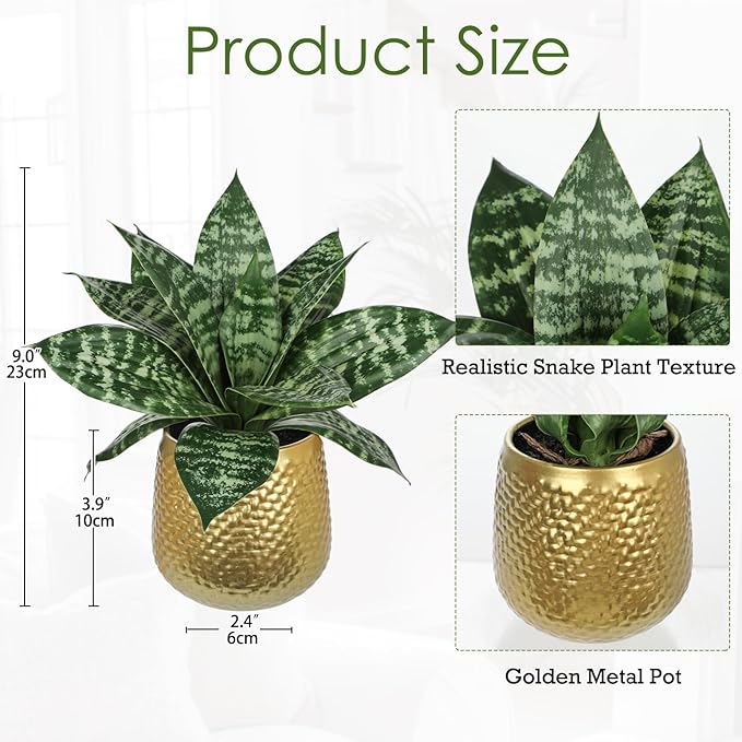 Hollyone Artificial Snake Plants 9" Faux Agave Succulent Plant Potted in Gold Metal Pot Fake Sansevieria Aloe Tropical Plant for Desk Modern Office Home Bathroom Indoor Outdoor Decor
