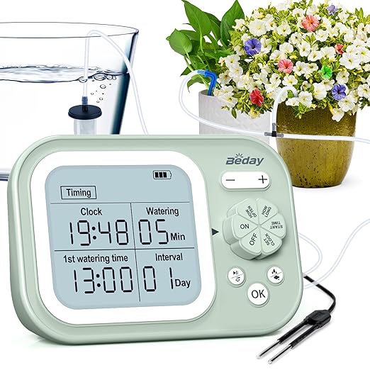 Automatic Plant Waterer Indoor Self Watering System for 15 Potted Plants, Auto Drip Irrigation Kit Programmable Water Timer with Smart Humidity Detection, Green