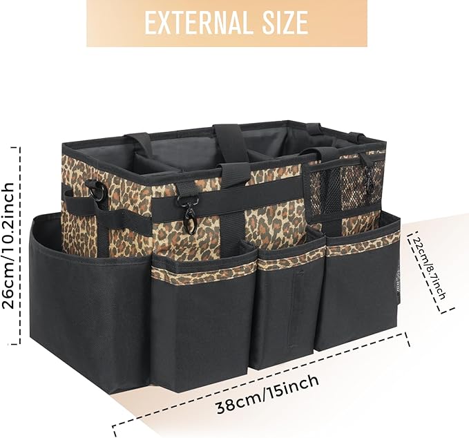 Wearable Cleaning Caddy, Cleaning Caddy Supplies Organizer with Handle & Shoulder Straps for Housekeepers, Under Sink & Car Cleaning Tool Organizers Bag with 4 Foldable Divider (Leopard)