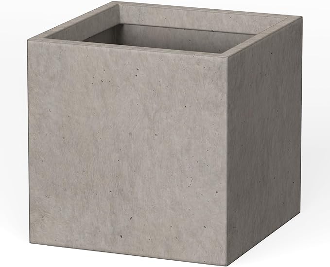 Kante 12 Inch Square Concrete Planter for Outdoor Indoor Home Patio Garden, Large Plant Pot with Drainage Hole and Rubber Plug, Weathered Concrete