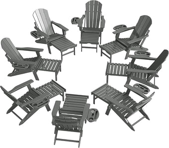 Adjustable Adirondack Chair with Retractable Ottoman Set of 8, HDPE Folding Adirondack Chair with Cup Holder, All Weather Fire Pit Chair for Outdoor.