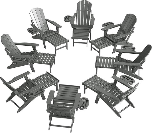 Adjustable Adirondack Chair with Retractable Ottoman Set of 8, HDPE Folding Adirondack Chair with Cup Holder, All Weather Fire Pit Chair for Outdoor.