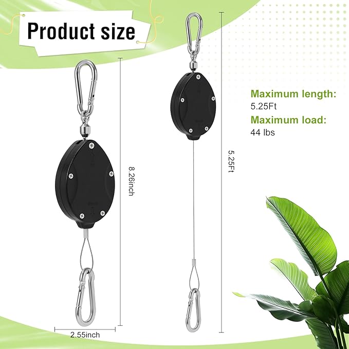 Plant Pulleys for Hanging Plants, Heavy Duty Retractable Hangers, 304 Stainless Steel Rope, Auto Plant Holder, Adjustable Climbing Hook for Garden Baskets Watering, or Bird Feeders (Black-6)