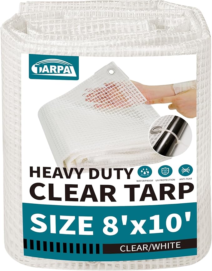 TARPAL 8'x10' Clear White Tarp Heavy Duty Waterproof 12mil with Grommets or Zip Ties for Small Greenhouse for Outdoors Garden,Farm,Chicken Coops