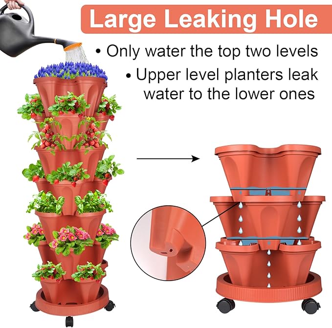 DUNCHATY Stackable Planters 7 Tier Vertical Garden Planting Tower Planters Strawberry, Herb, Flower, and Vegetable Planter Indoor Outdoor Gardening Pots with Removable Wheels and Tools