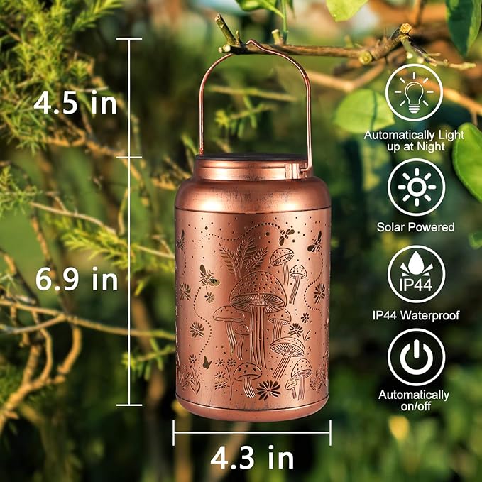 Solar Lanterns Outdoor Waterproof Bee Mushroom Decoration Gifts for Women Mon Grandma Hanging Solar Lights for Outside Metal LED Lanterns for Yard, Patio, Garden Decor